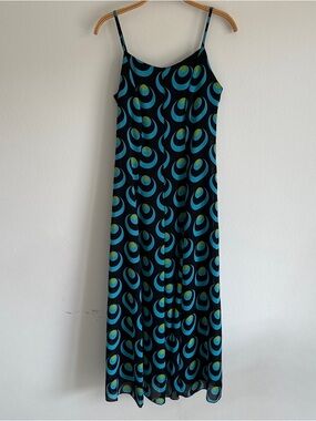 Vintage Y2K Fresca Dress Maxi Peacock Grunge Black Blue Green Abstract Circles